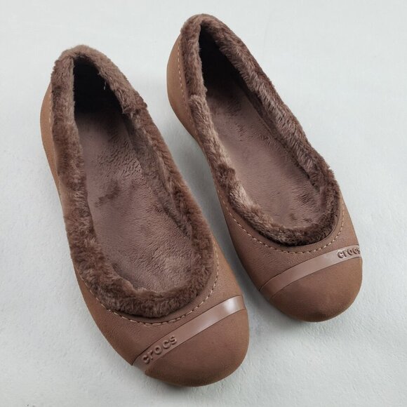 Crocs Nanook Faux Fur Flat Womens 8 Brown Slip On Comfort Shoe Lined Cap Toe - Picture 1 of 9